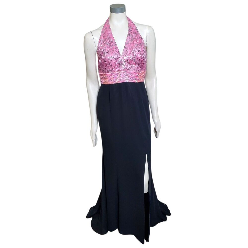 Y2K Riva Designs Beaded Gown Dress Sz 12 Pink Black Glam Halter Slit Hem Womens